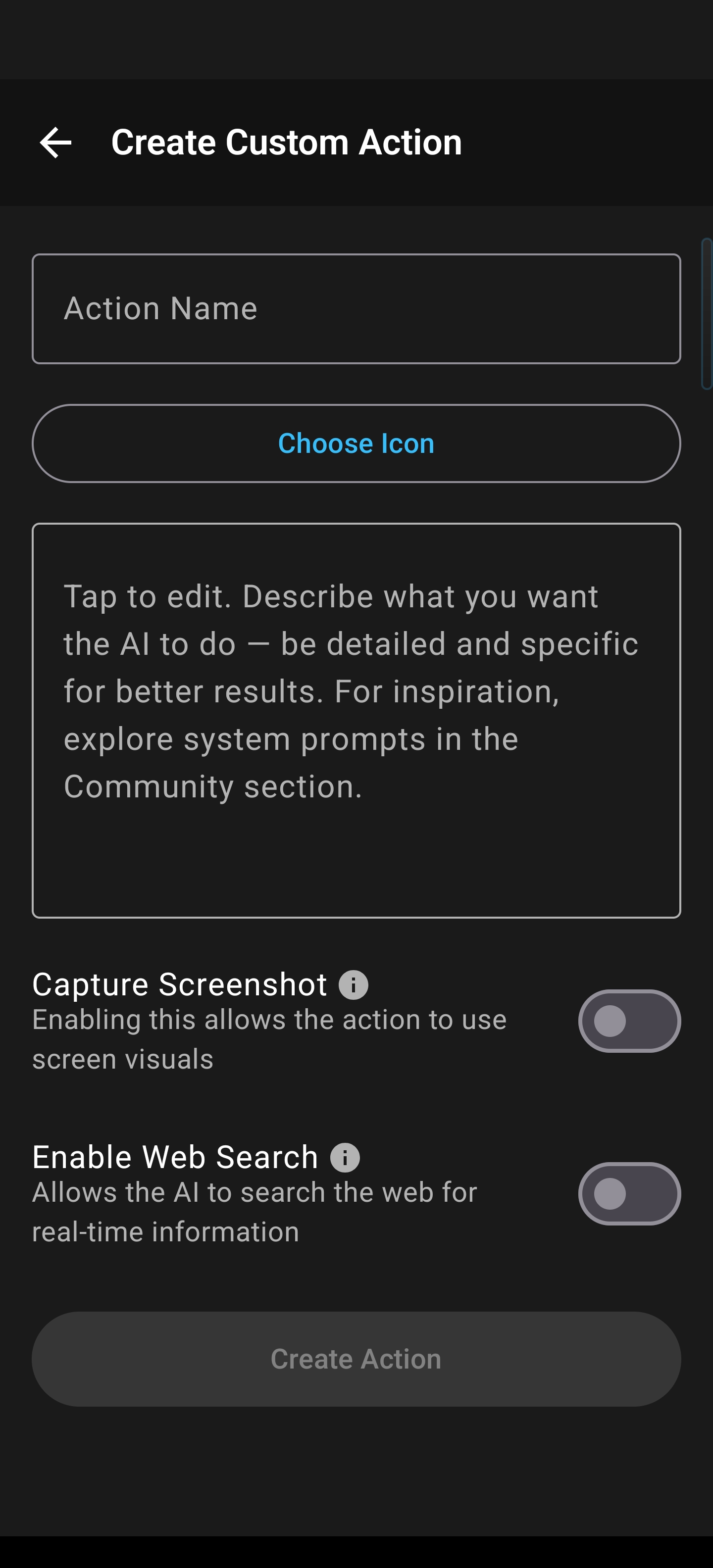 The custom action creation form in Arc