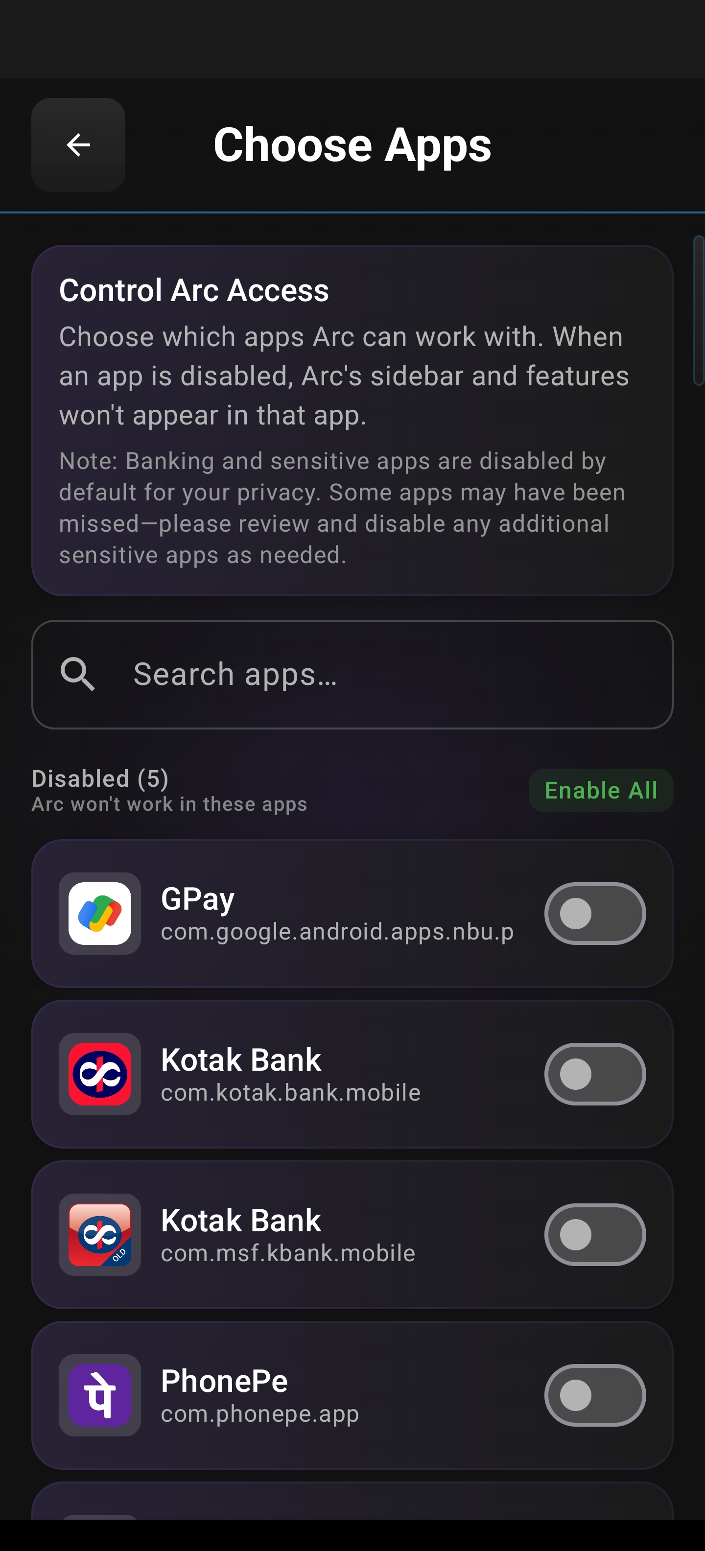 Arc settings showing app-level allow/block controls for privacy