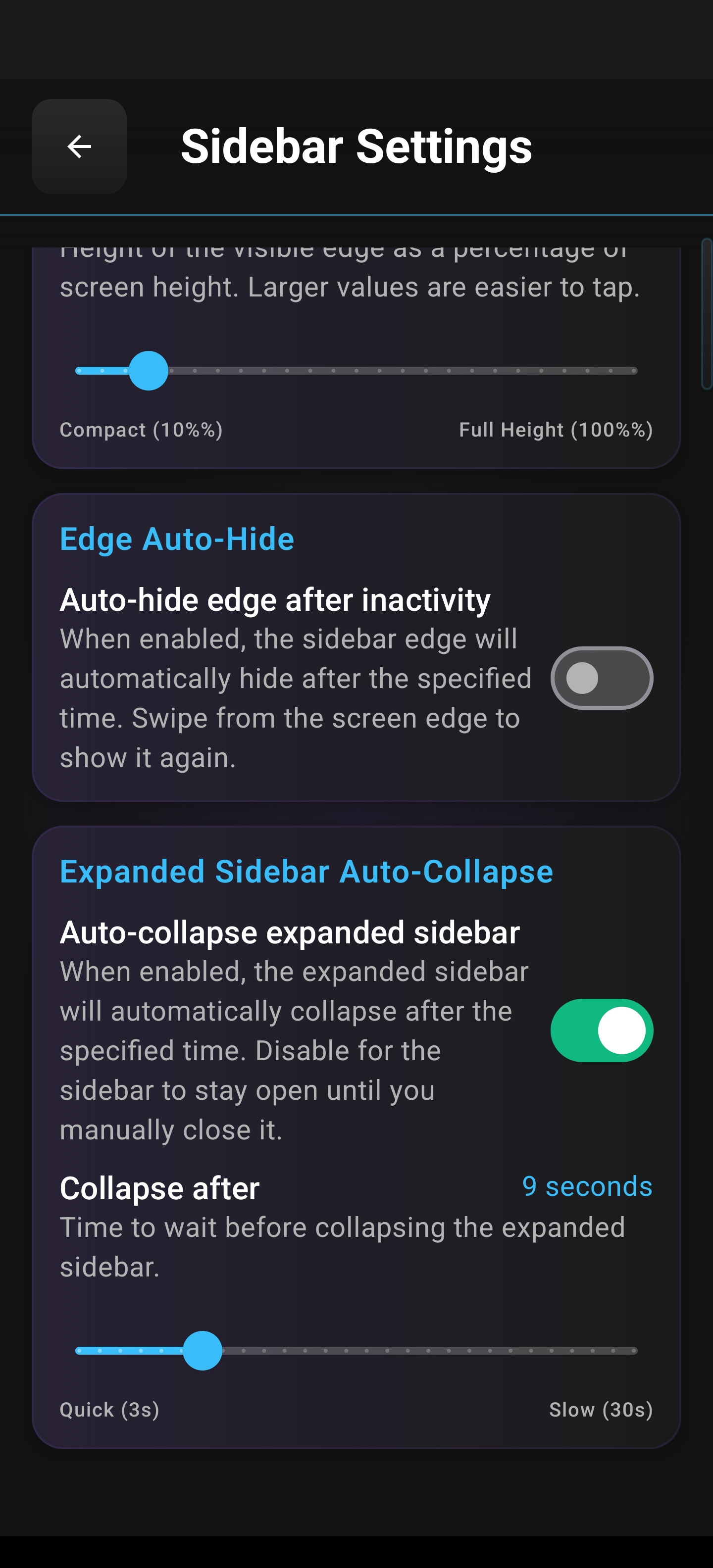 Sidebar Settings showing expanded sidebar auto-collapse timer