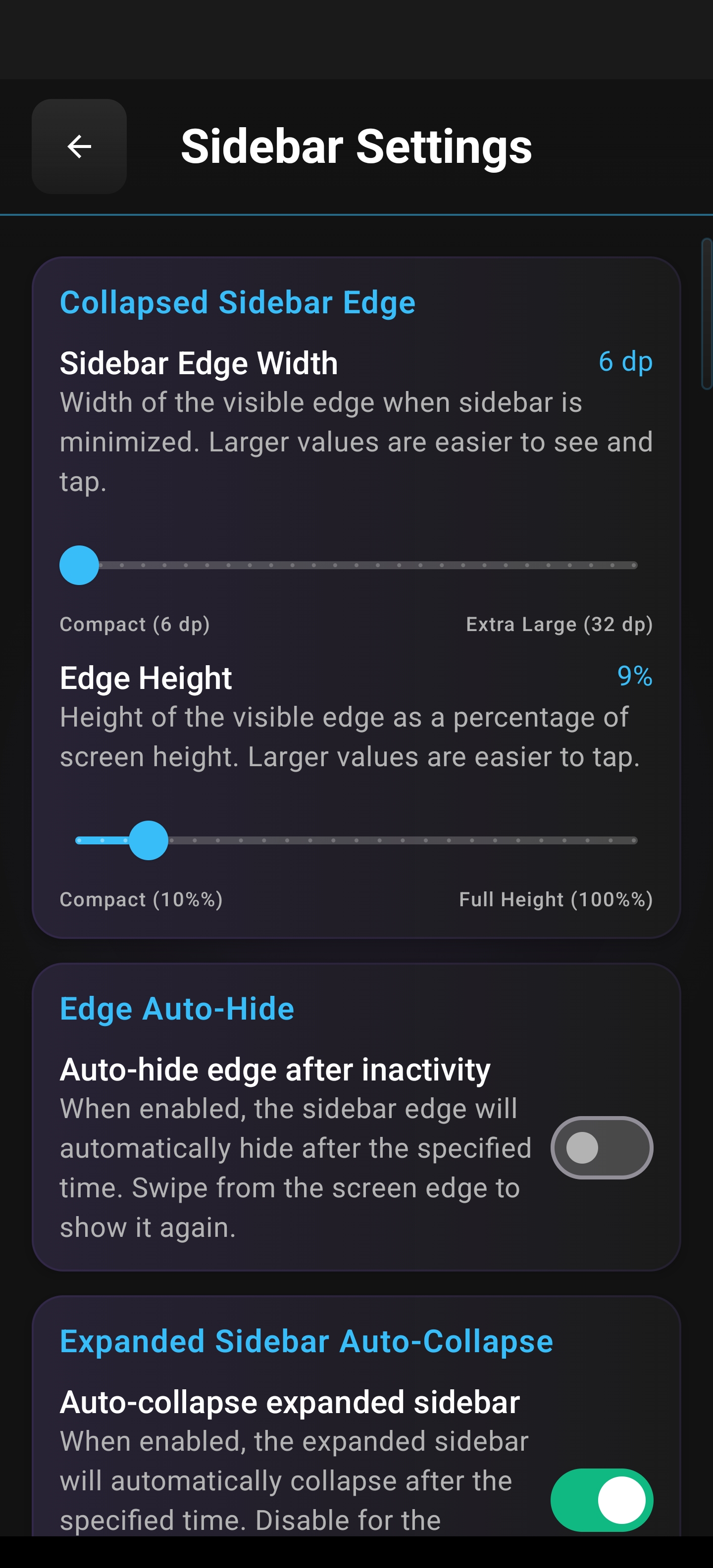 Sidebar Settings showing collapsed edge width, edge height, and auto-hide toggles