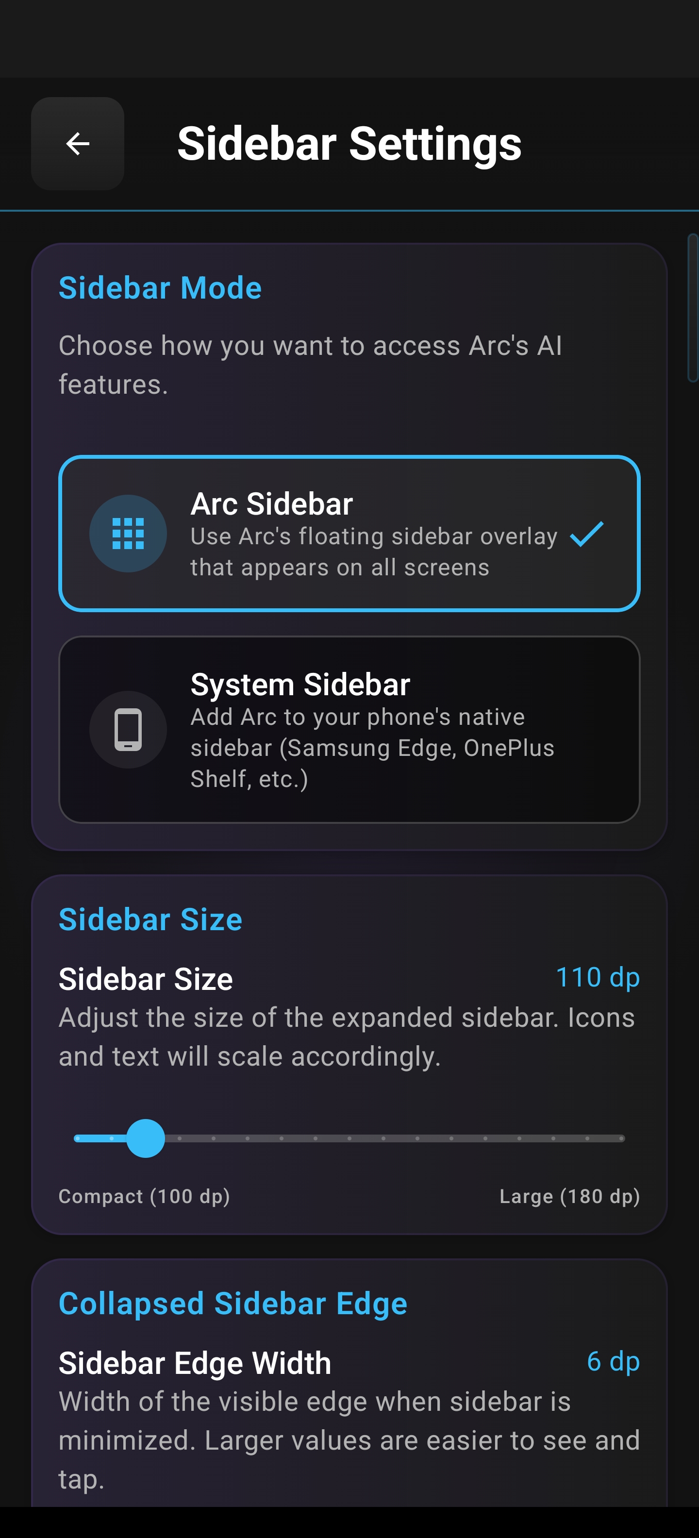 Sidebar Settings showing Arc Sidebar vs System Sidebar mode and sidebar size slider