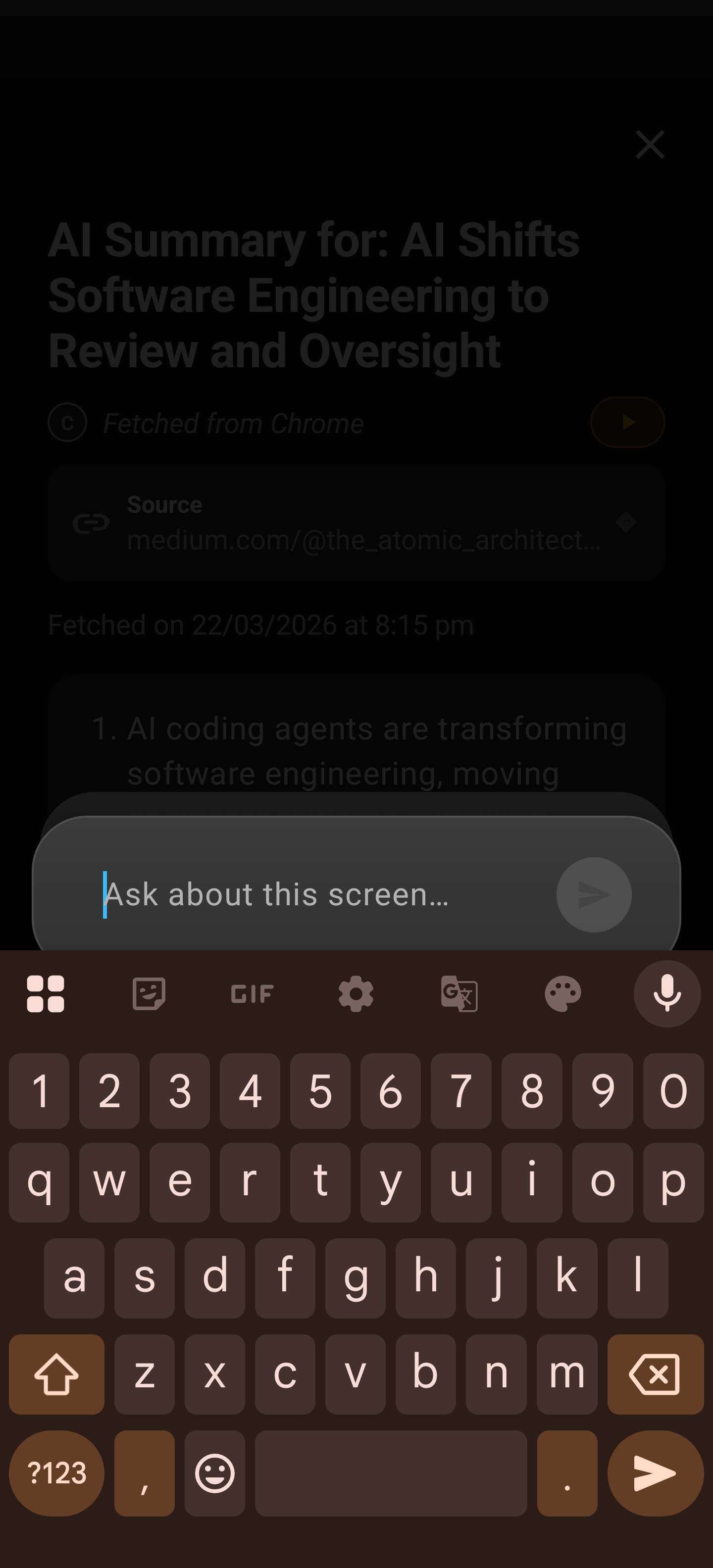 AI Summary screen with chat input focused and keyboard visible