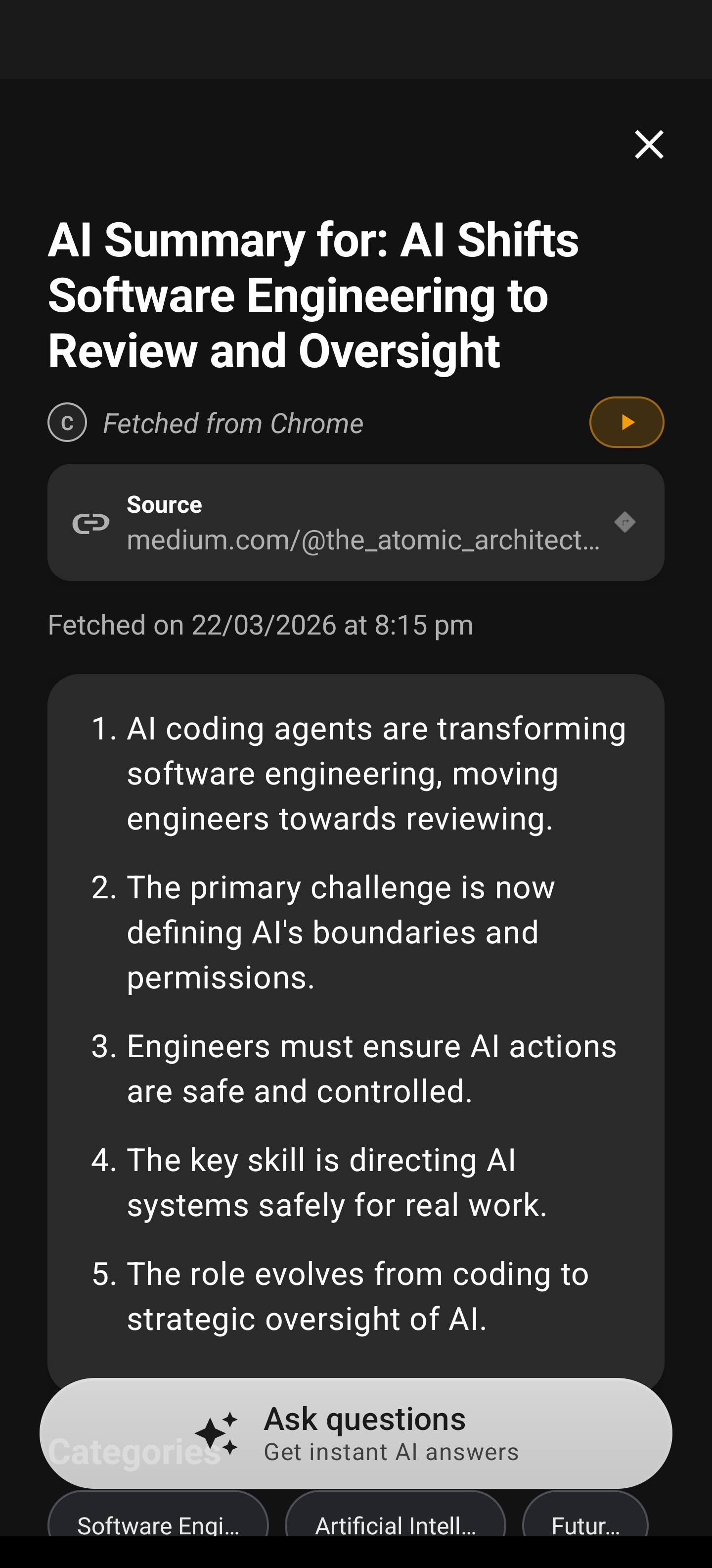 AI Summary result screen with numbered key points, source from Chrome, and Ask questions prompt