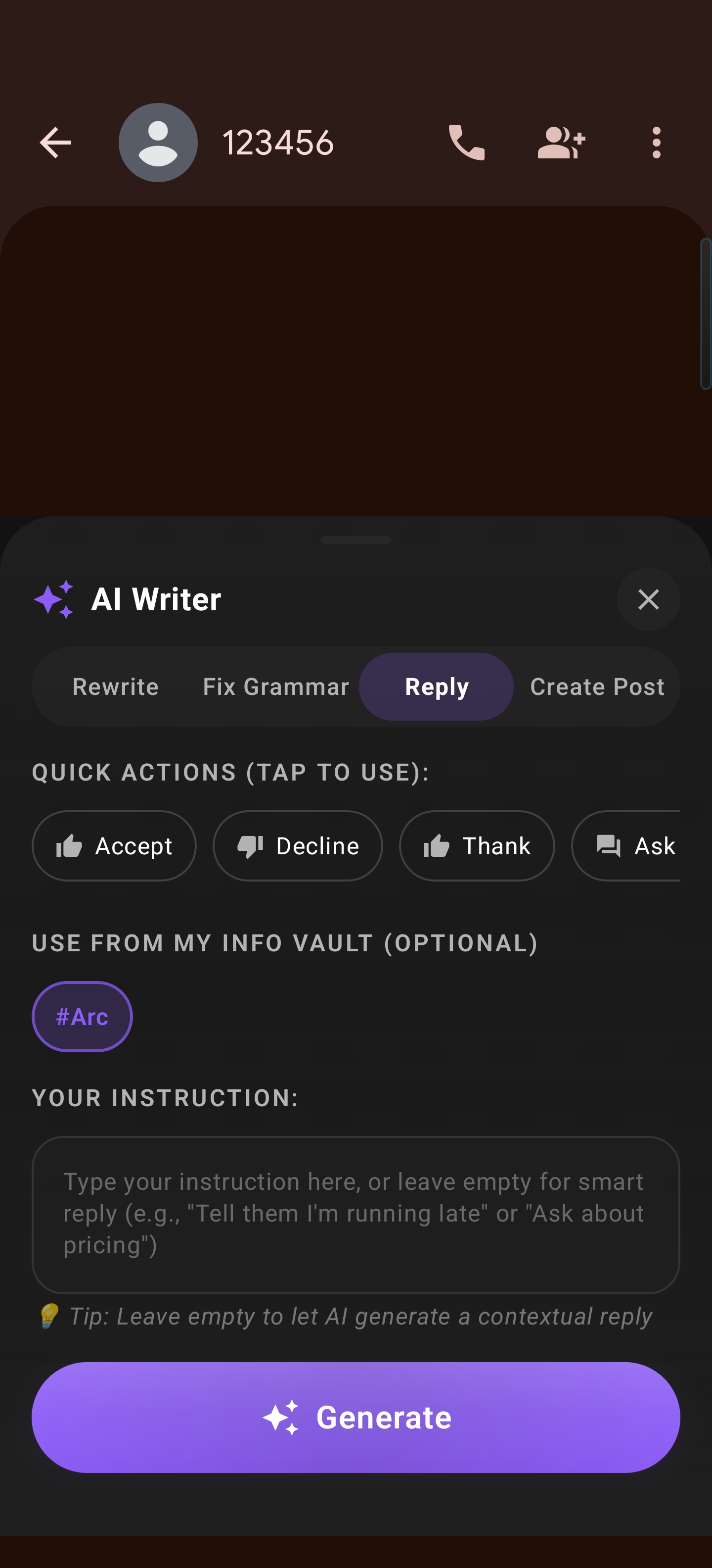 AI Writer Reply mode with Quick Actions and My Info Vault tag