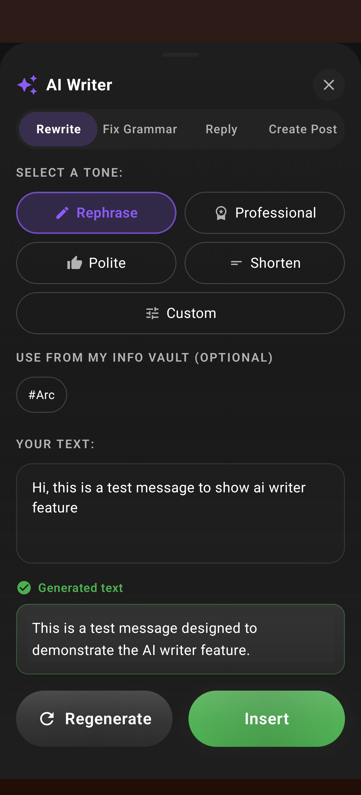 AI Writer showing generated rewrite with Regenerate and Insert buttons