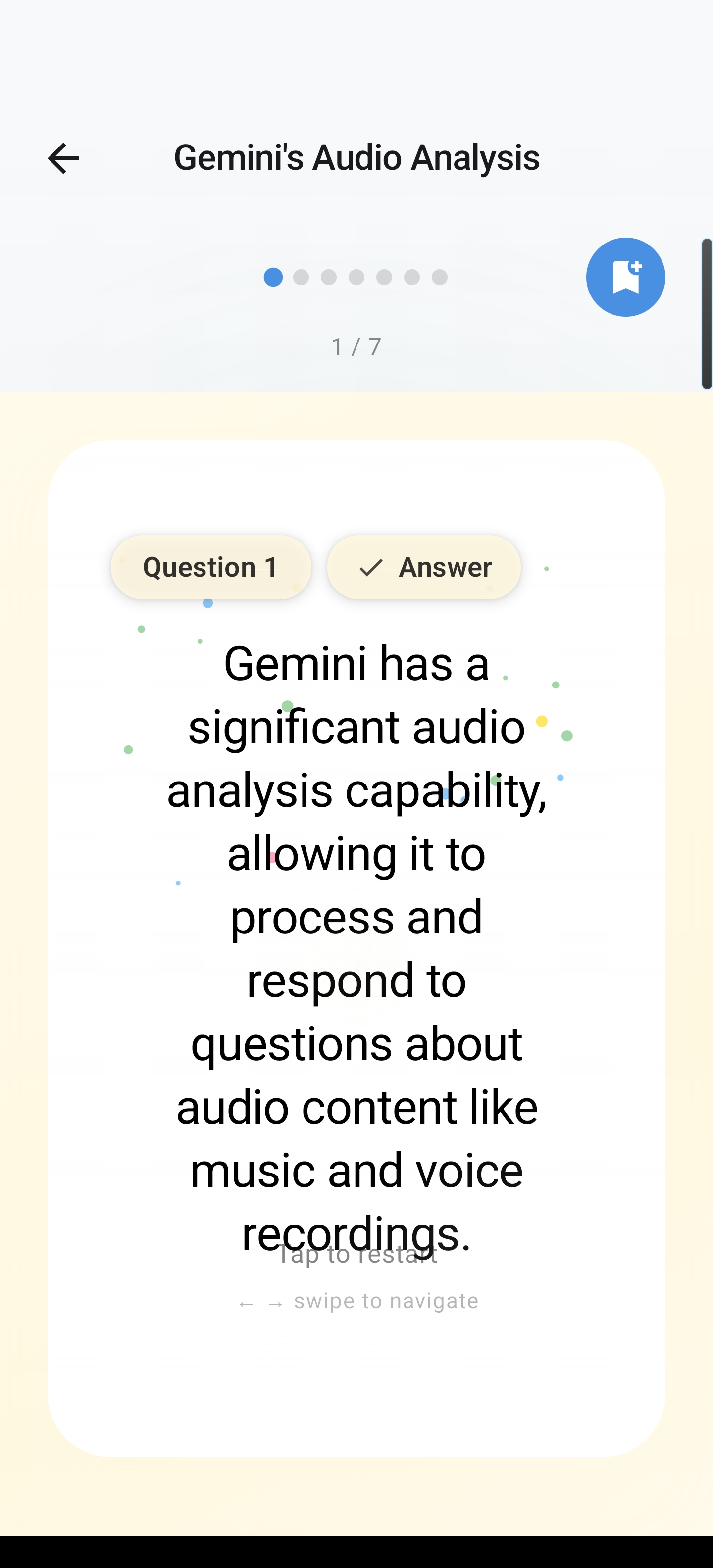 Flashcard viewer showing answer revealed with confetti
