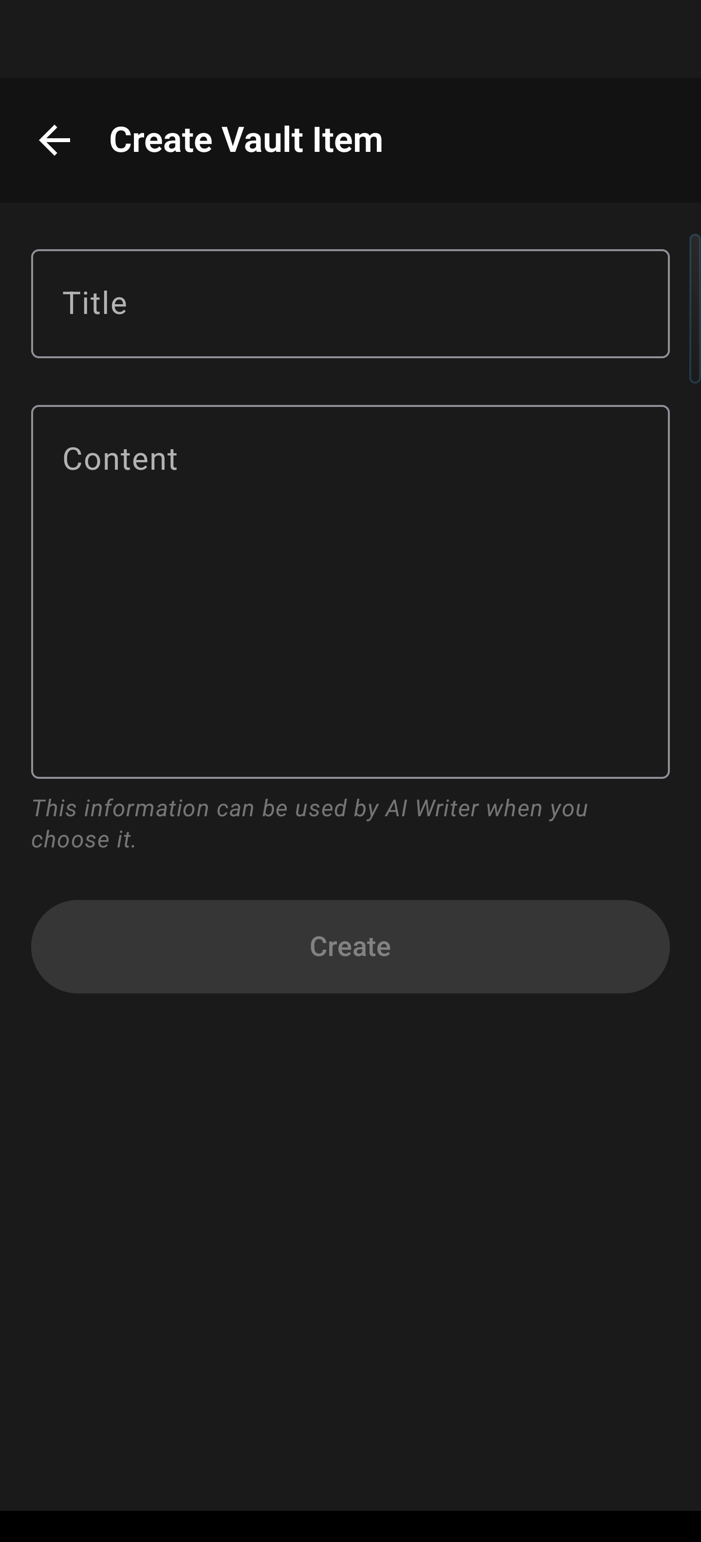 Create Vault Item screen with empty title and content fields
