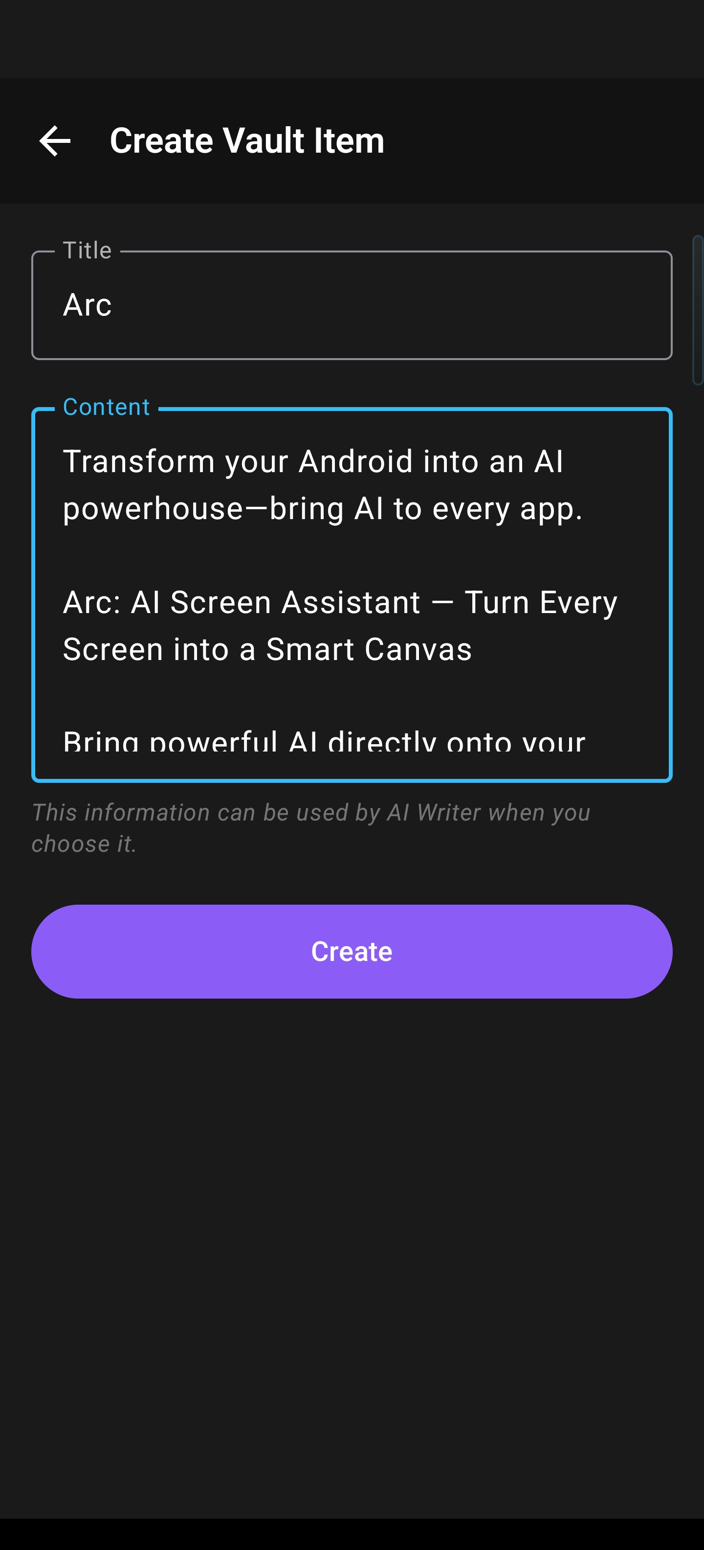 Create Vault Item with filled title Arc and long content in the body field