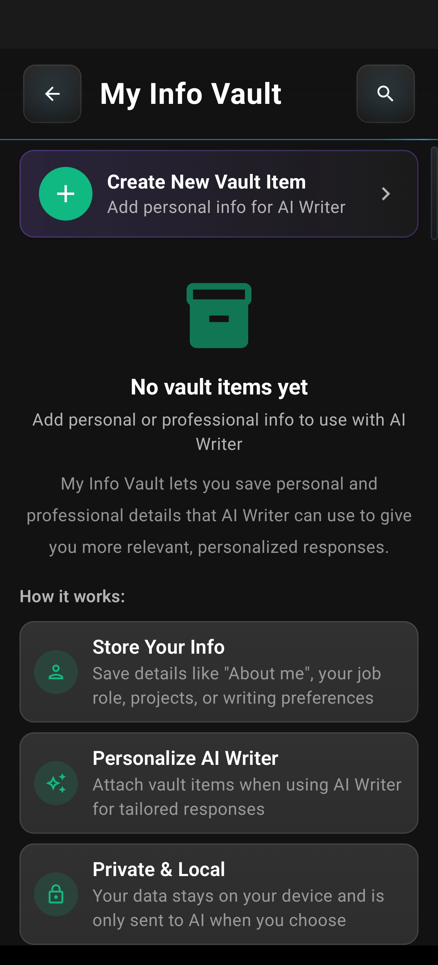 My Info Vault empty state with Create New Vault Item and how it works steps